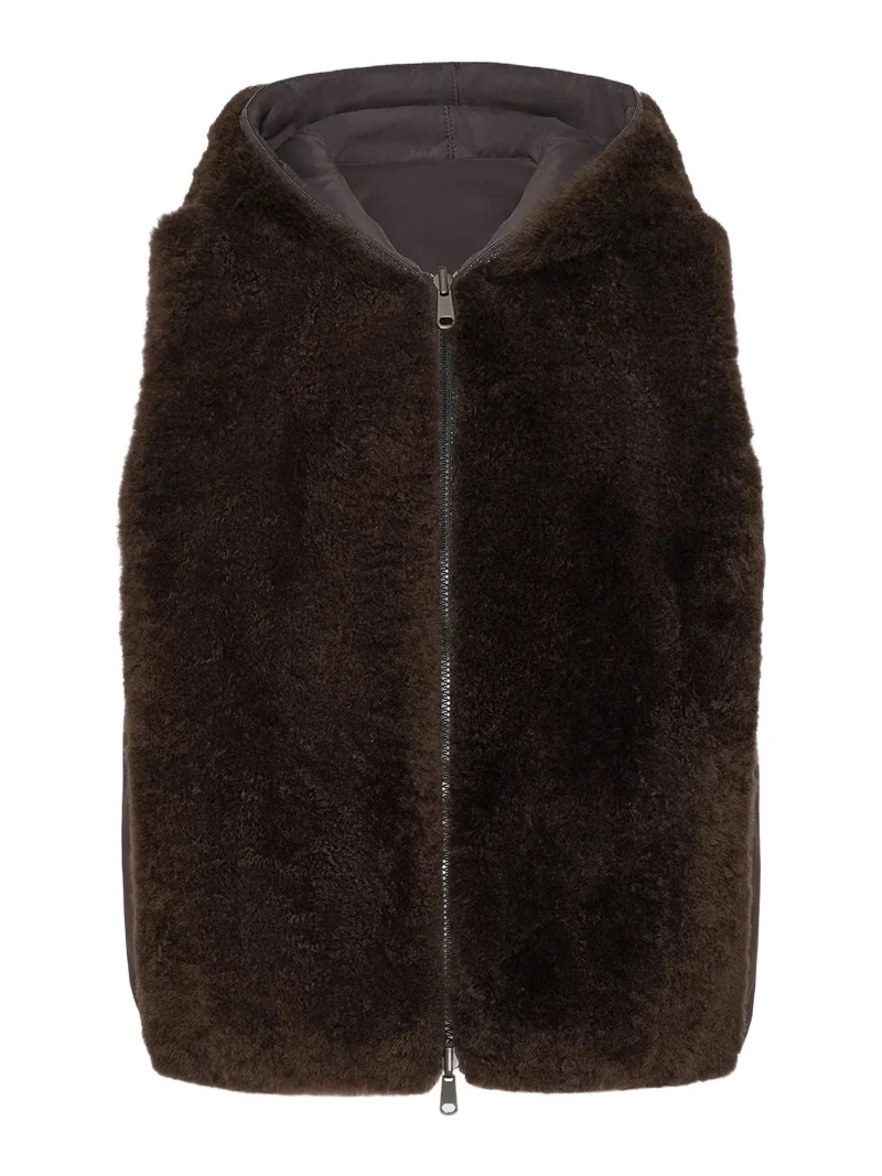 Women's Cashmere Shearling Reversible Hooded Vest