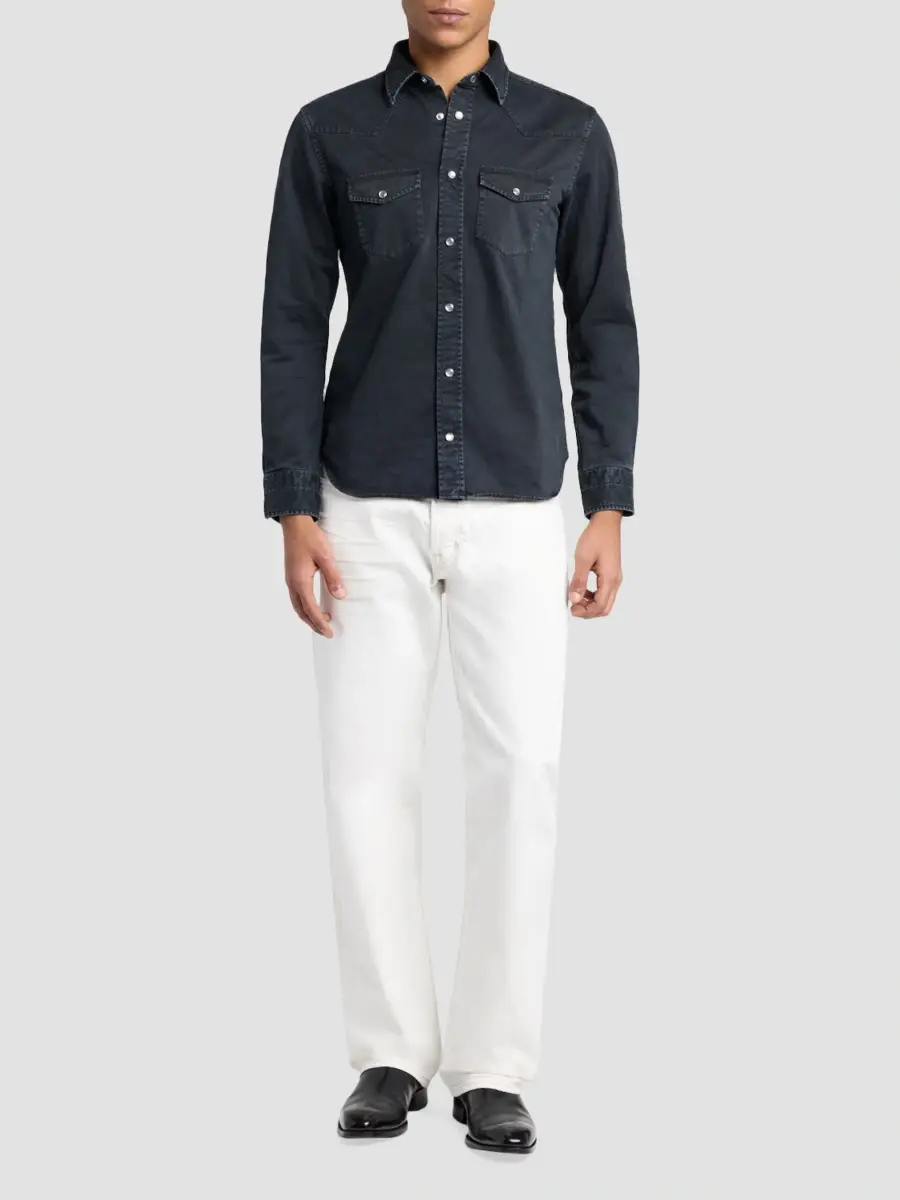 Tom Ford Men's Peached Twill Denim Western Shirt | Thumbnail 2