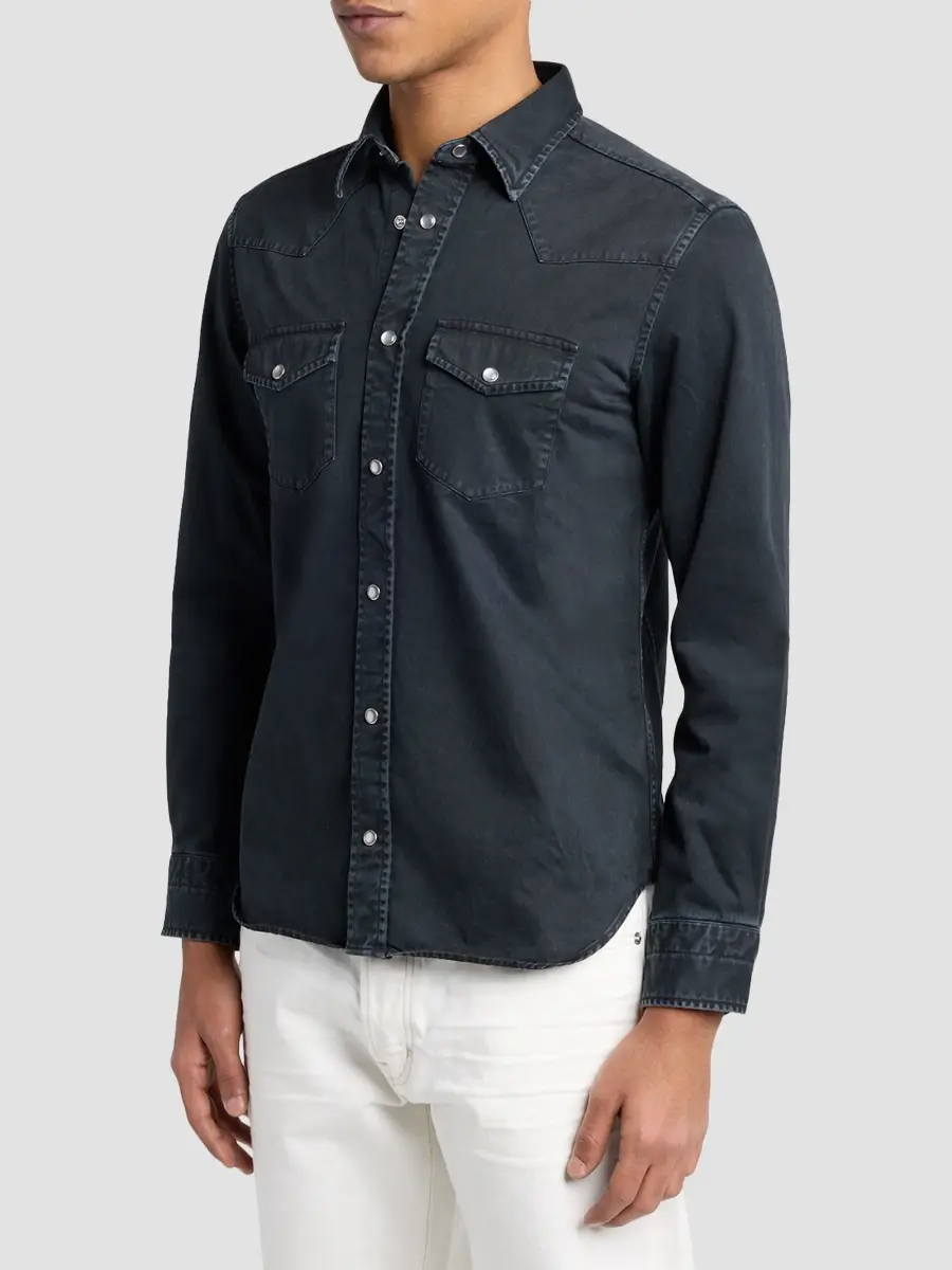 Tom Ford Men's Peached Twill Denim Western Shirt | Thumbnail 4