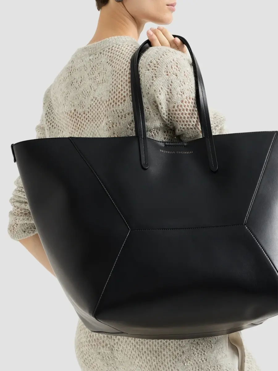 Brunello Cucinelli Women's Duo Large Tote Bag in Calfskin with Monili - Black | Thumbnail 2