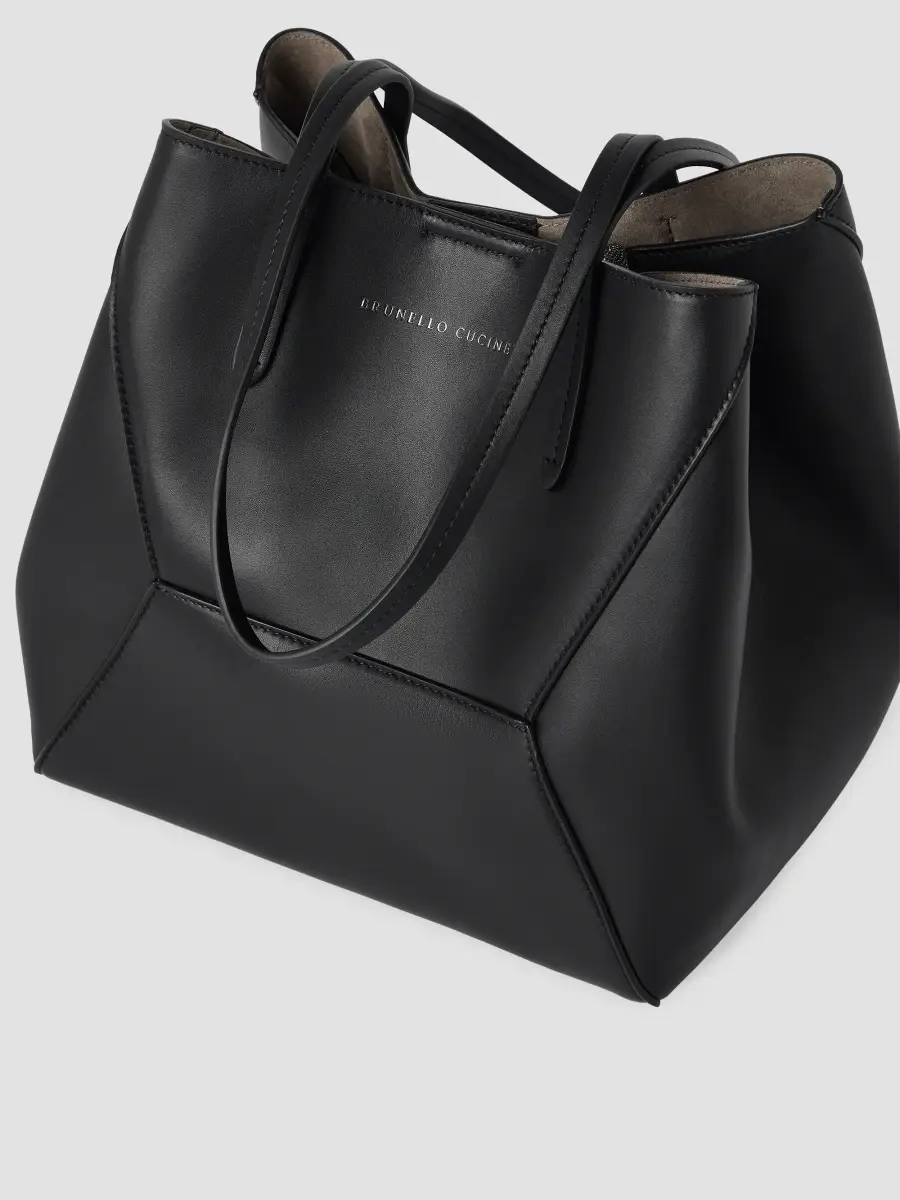 Brunello Cucinelli Women's Duo Large Tote Bag in Calfskin with Monili - Black | Thumbnail 4