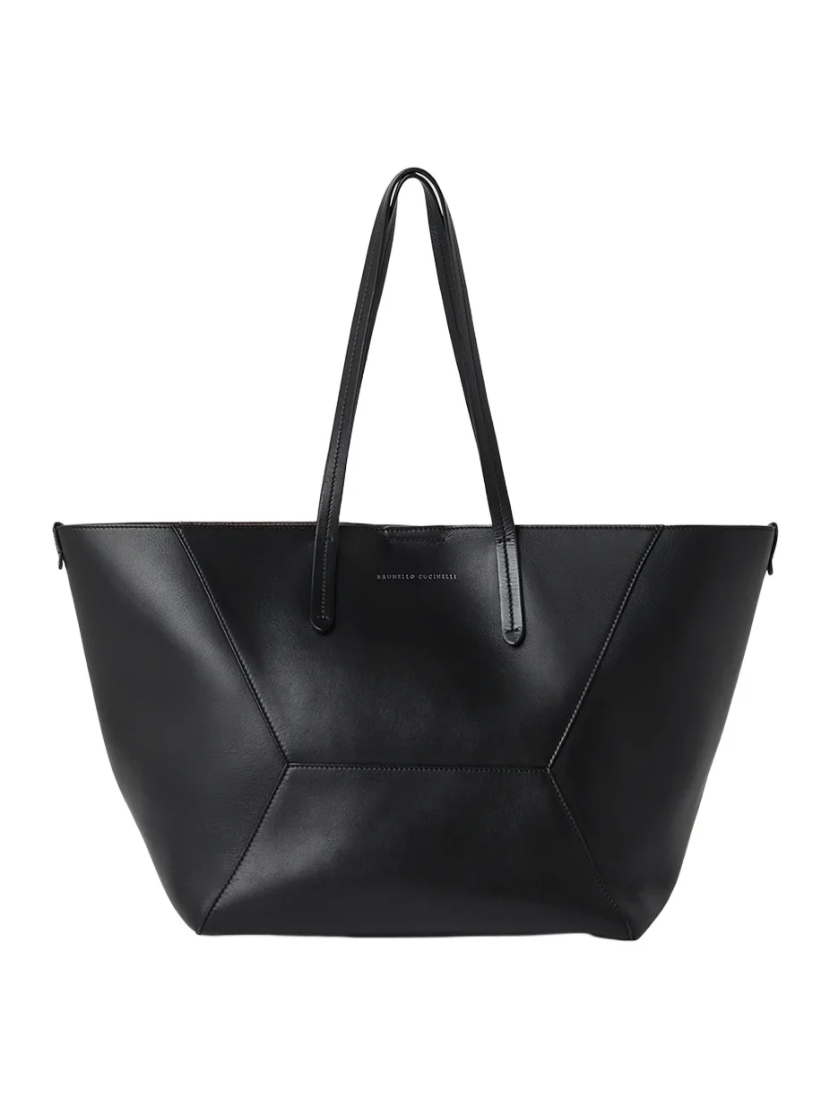 Brunello Cucinelli Women's Duo Large Tote Bag in Calfskin with Monili - Black