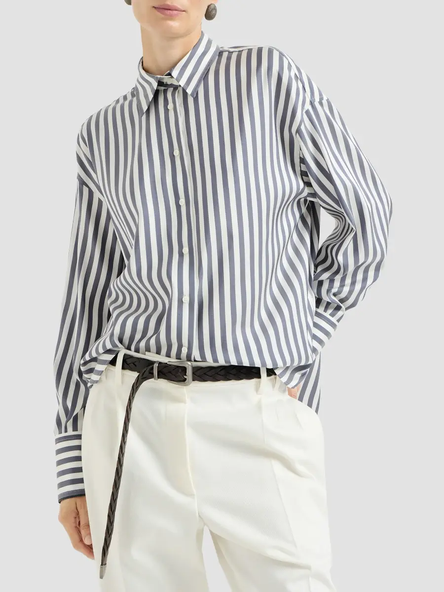 Brunello Cucinelli Women's Wide Stripe Silk Poplin Shirt | Thumbnail 2
