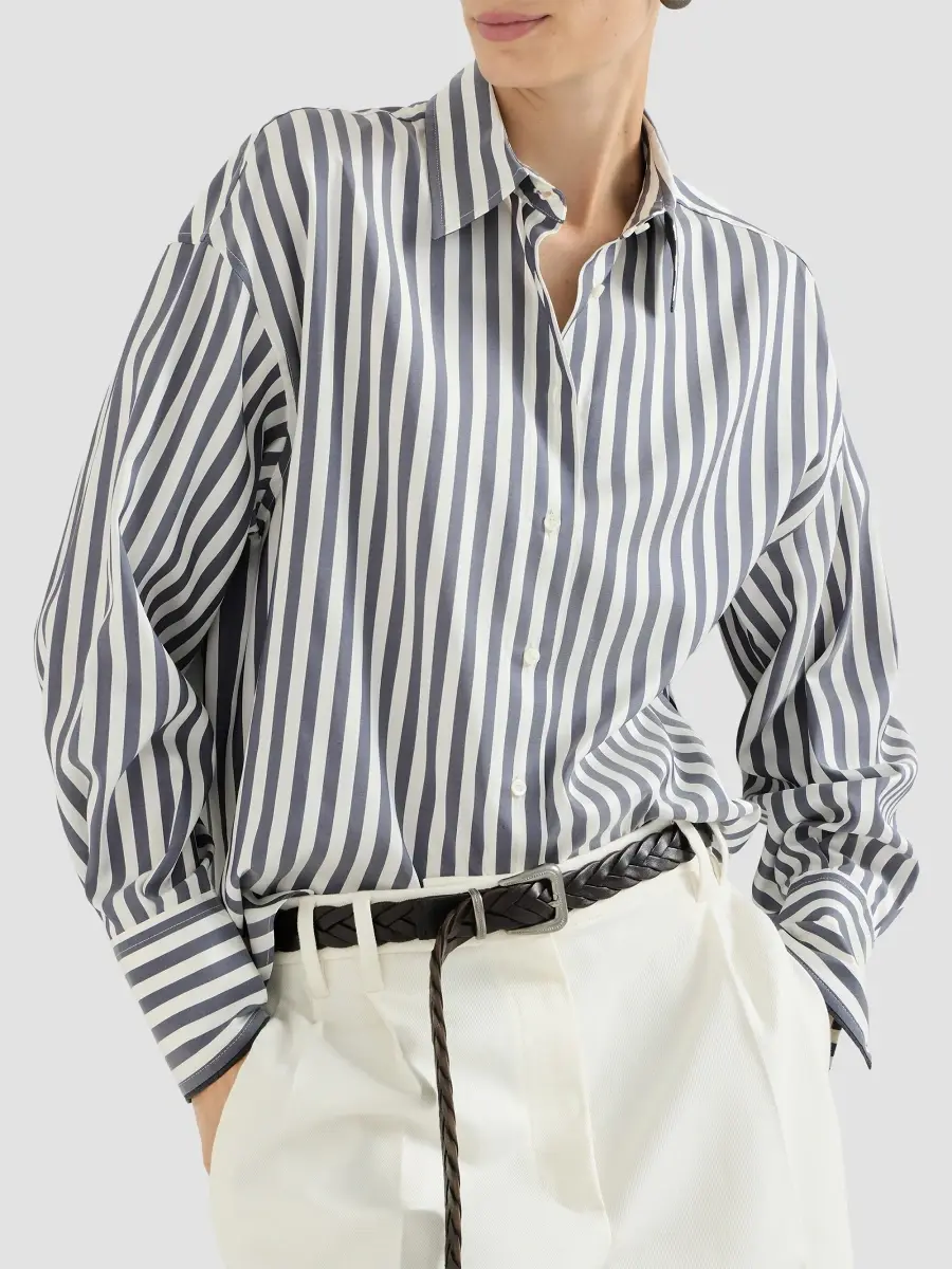 Brunello Cucinelli Women's Wide Stripe Silk Poplin Shirt | Thumbnail 4