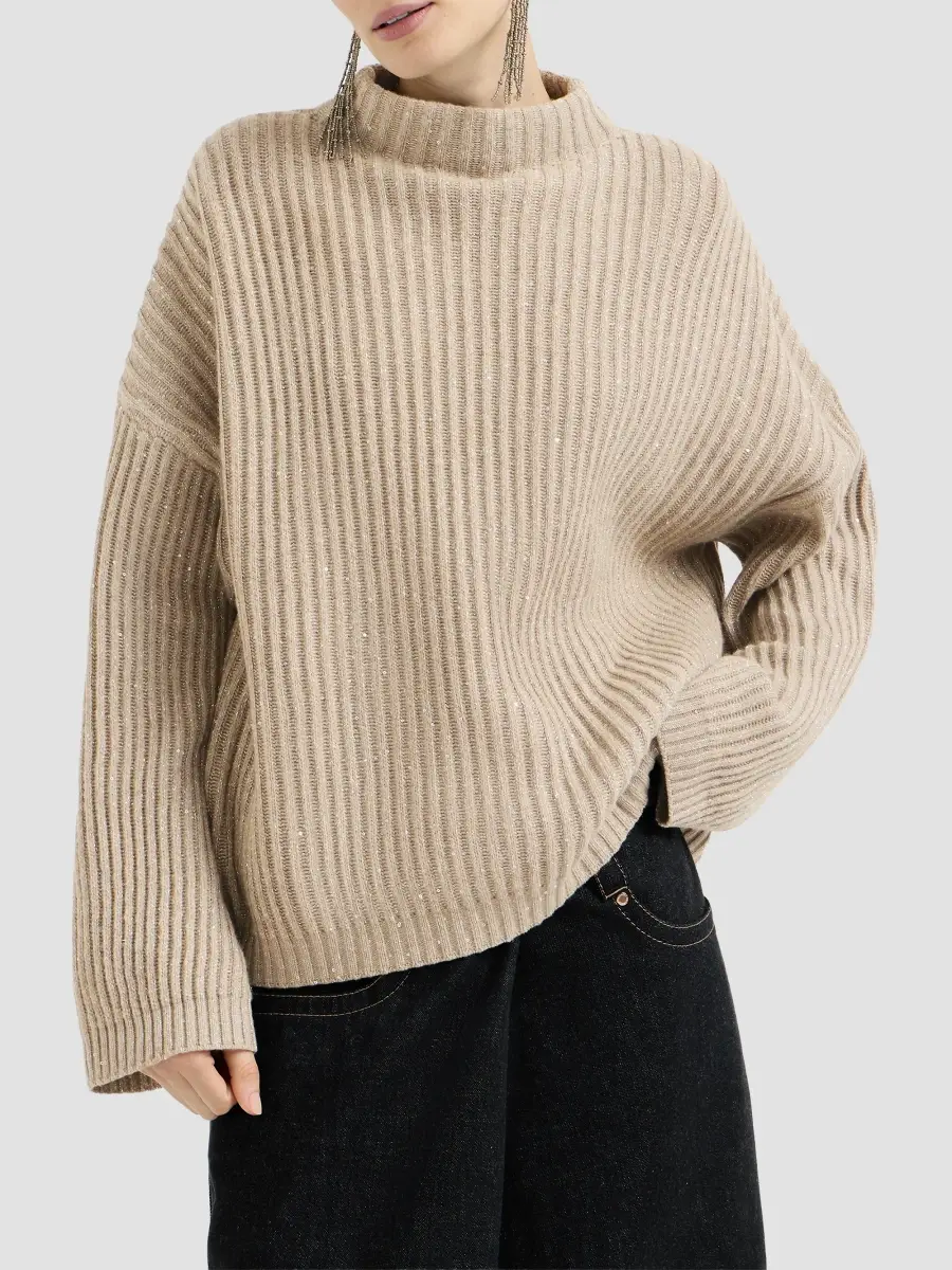 Brunello Cucinelli Women's Sparkling & Dazzling Cashmere and Wool Ribbed Sweater | Thumbnail 2