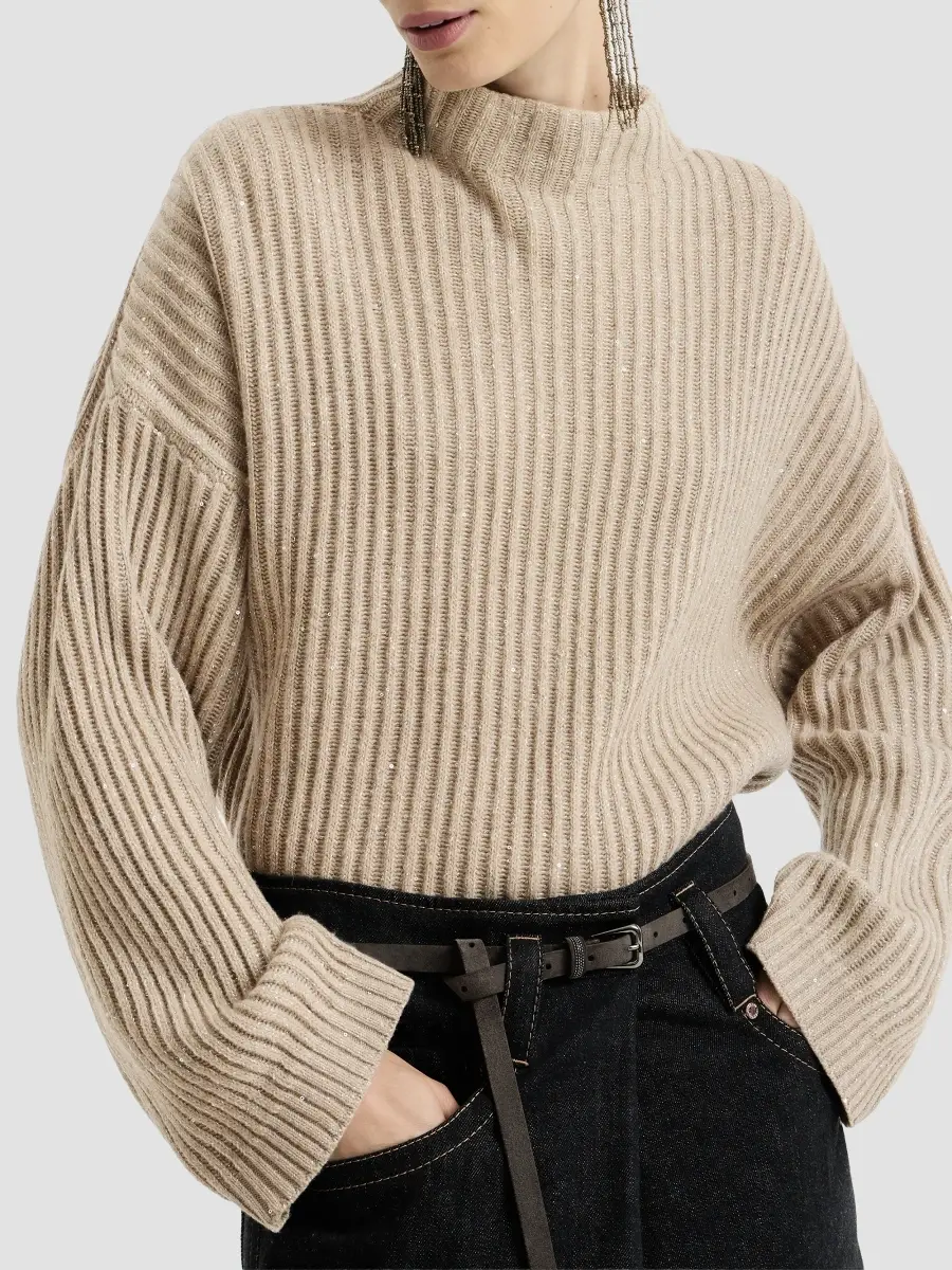 Brunello Cucinelli Women's Sparkling & Dazzling Cashmere and Wool Ribbed Sweater | Thumbnail 4