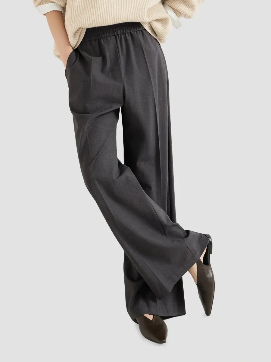 Brunello Cucinelli Women's Tropical Luxury Wool Loose Track Trousers | Thumbnail 4