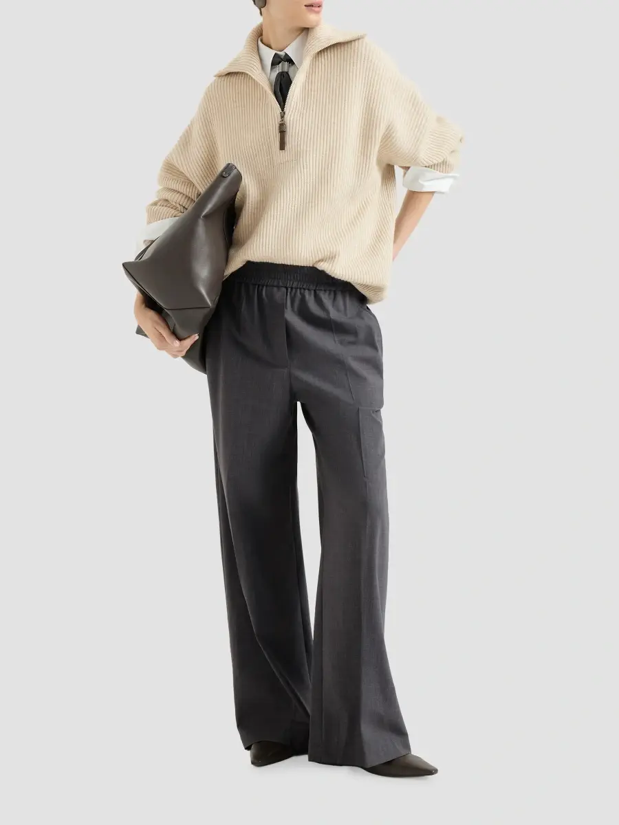 Brunello Cucinelli Women's Tropical Luxury Wool Loose Track Trousers | Thumbnail 6