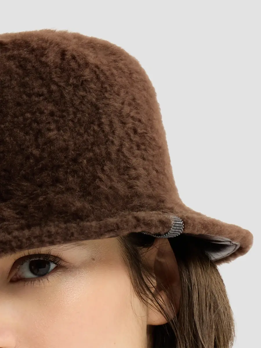 Brunello Cucinelli Women's Soft Fuzzy Shearling Bucket Hat with Shiny Band - Brown Gianduia | Thumbnail 3