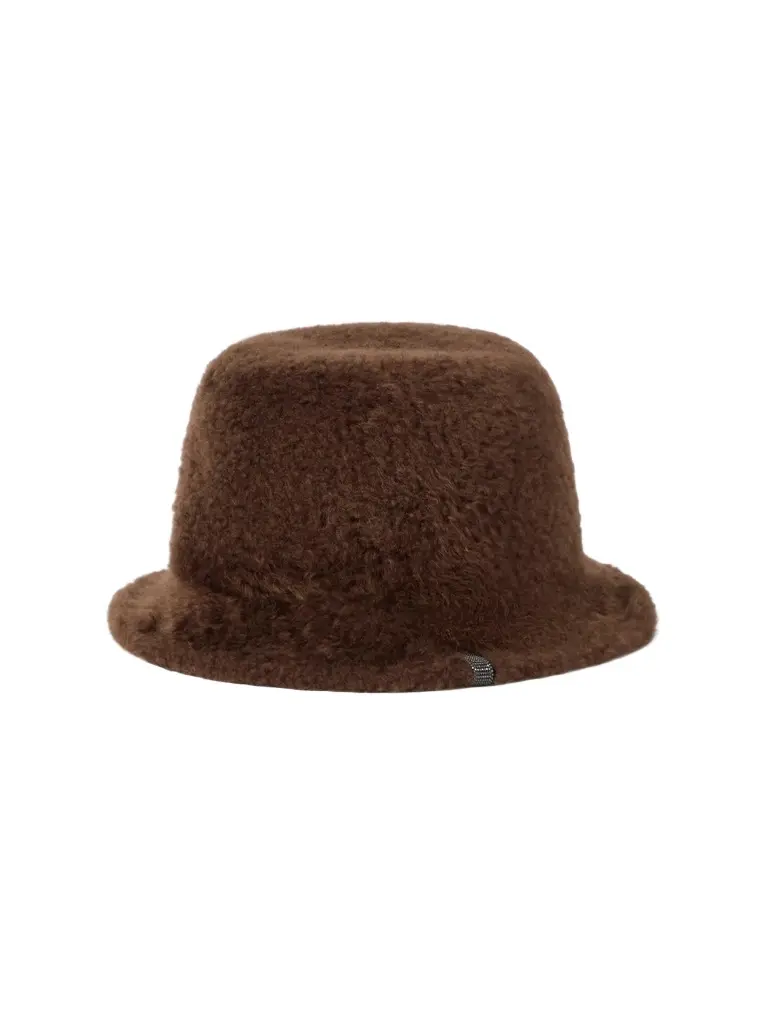Women's Soft Fuzzy Shearling Bucket Hat with Shiny Band - Brown Gianduia