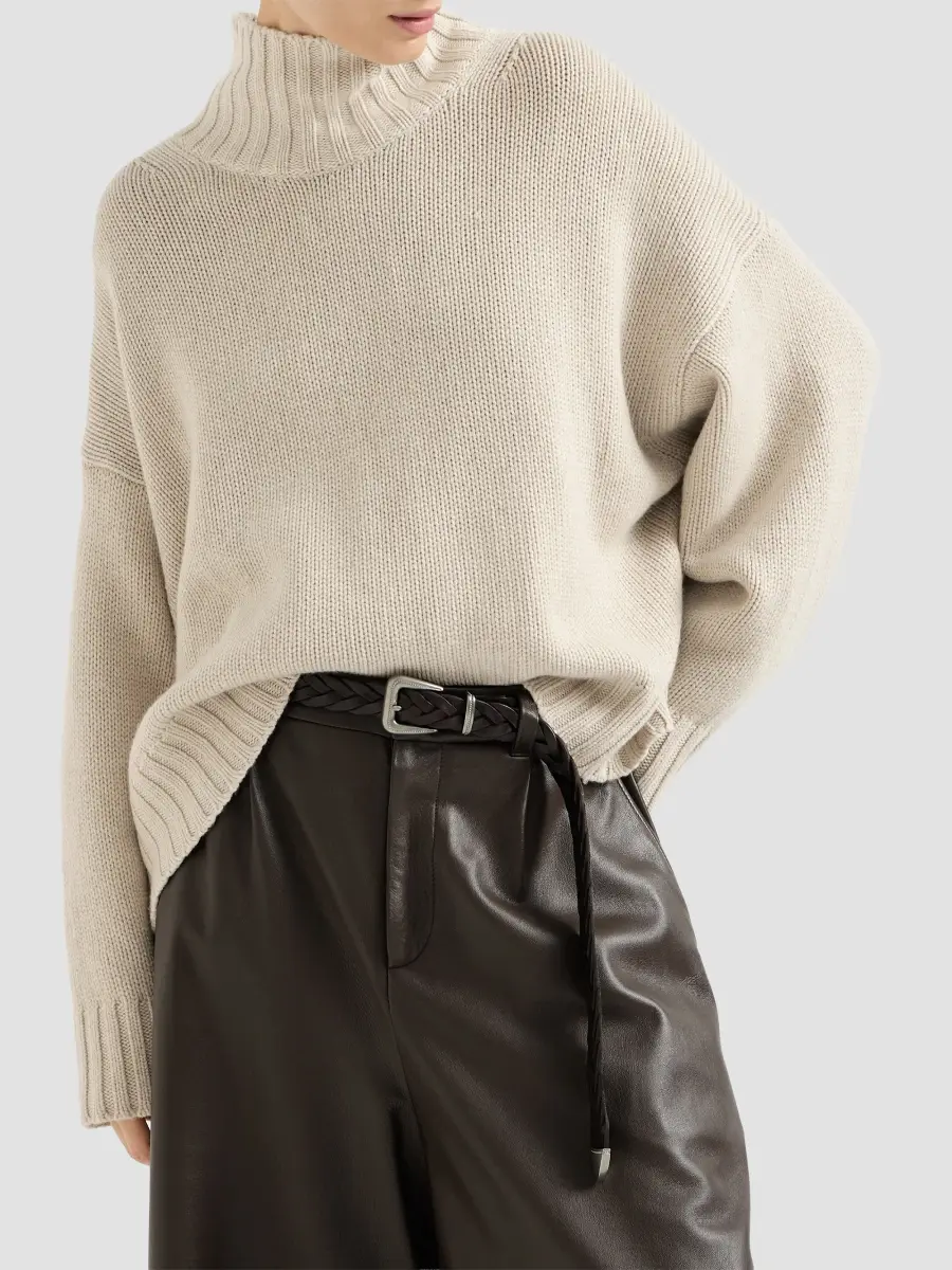 Brunello Cucinelli Women's Cashmere Turtleneck Sweater with Shiny Zipper - Buff | Thumbnail 2 Brunello Cucinelli Women's Cashmere Turtleneck Sweater with Shiny Zipper - Buff | Thumbnail 2