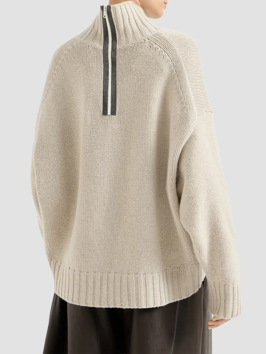 Brunello Cucinelli Women's Cashmere Turtleneck Sweater with Shiny Zipper - Buff | Thumbnail 3 Brunello Cucinelli Women's Cashmere Turtleneck Sweater with Shiny Zipper - Buff | Thumbnail 3