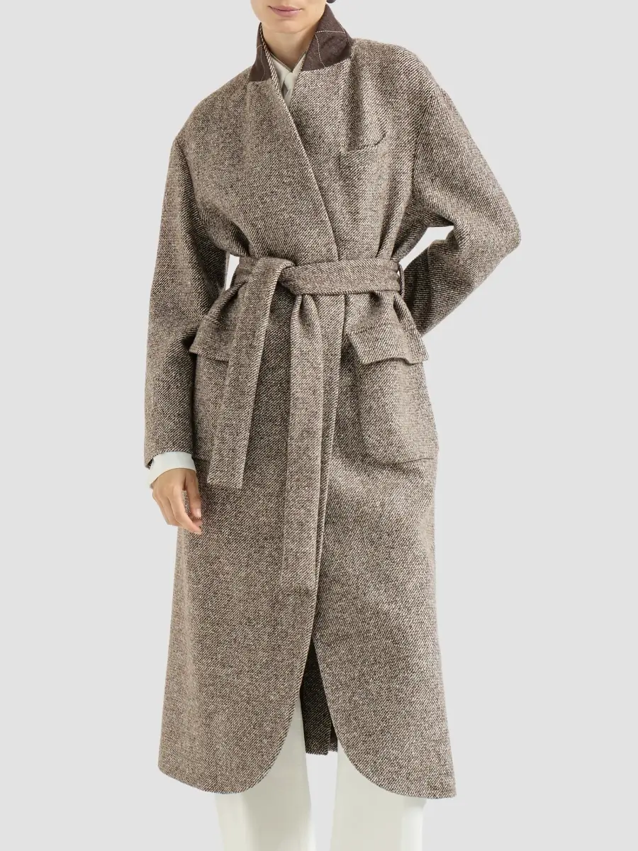 Brunello Cucinelli Women's Virgin Wool and Silk Mélange Diagonal Belted Coat | Thumbnail 2 Brunello Cucinelli Women's Virgin Wool and Silk Mélange Diagonal Belted Coat | Thumbnail 2