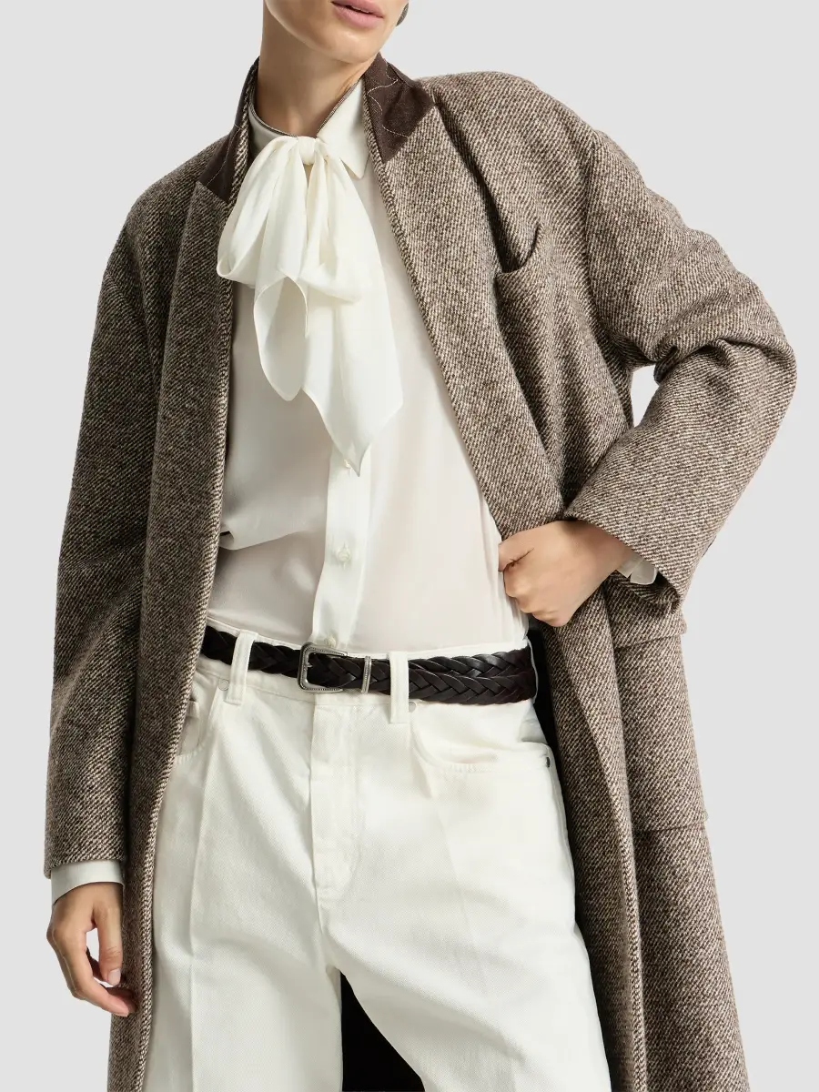 Brunello Cucinelli Women's Virgin Wool and Silk Mélange Diagonal Belted Coat | Thumbnail 4 Brunello Cucinelli Women's Virgin Wool and Silk Mélange Diagonal Belted Coat | Thumbnail 4