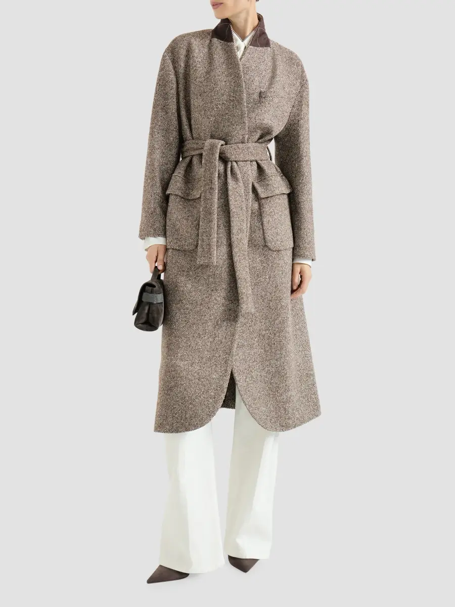 Brunello Cucinelli Women's Virgin Wool and Silk Mélange Diagonal Belted Coat | Thumbnail 6 Brunello Cucinelli Women's Virgin Wool and Silk Mélange Diagonal Belted Coat | Thumbnail 6