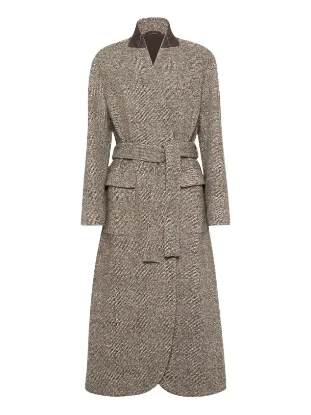 Women's Virgin Wool and Silk Mélange Diagonal Belted Coat Women's Virgin Wool and Silk Mélange Diagonal Belted Coat