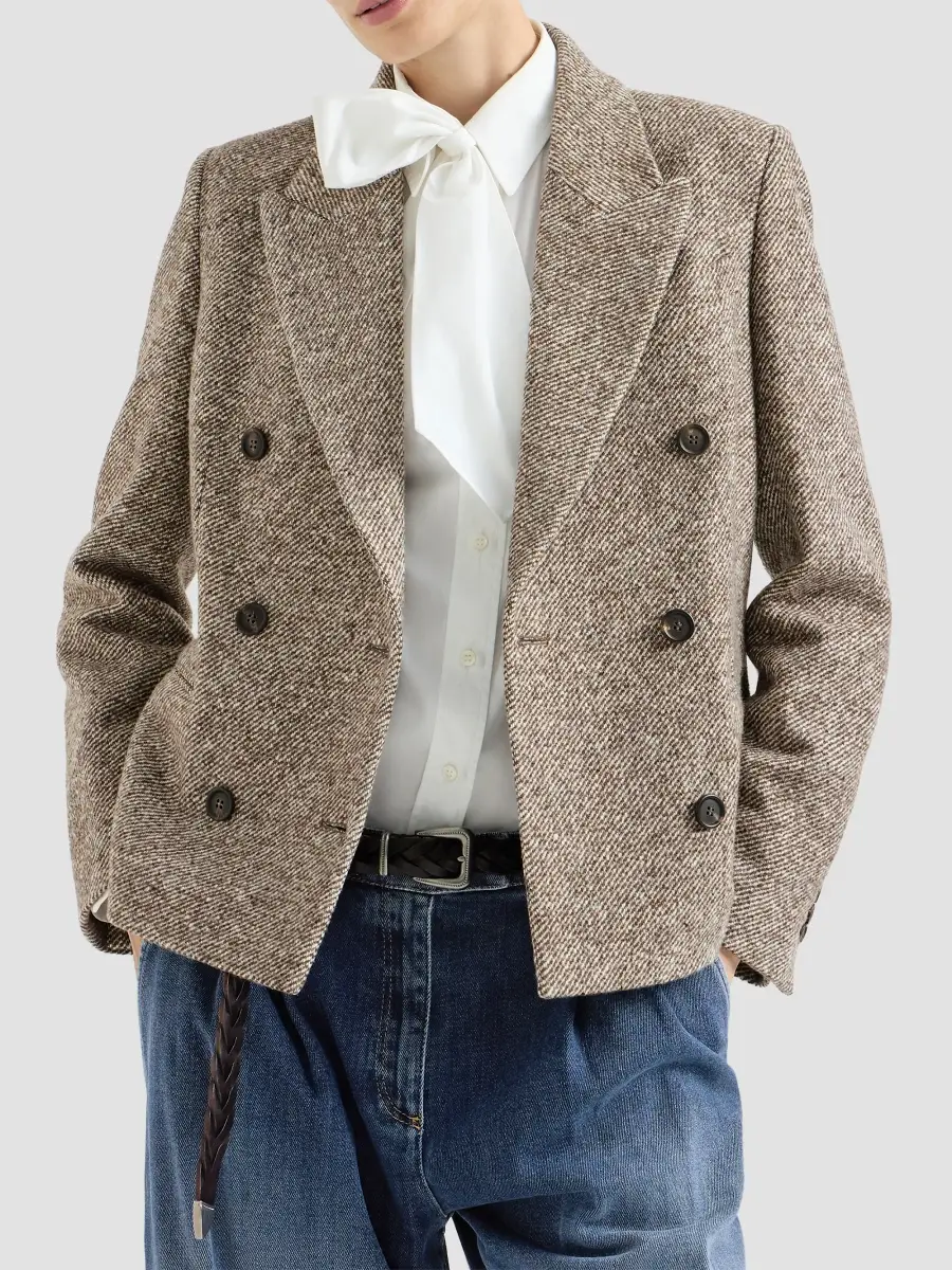 Brunello Cucinelli Women's Virgin Wool and Silk Mélange Diagonal Blazer with Monili - Brown | Thumbnail 2 Brunello Cucinelli Women's Virgin Wool and Silk Mélange Diagonal Blazer with Monili - Brown | Thumbnail 2