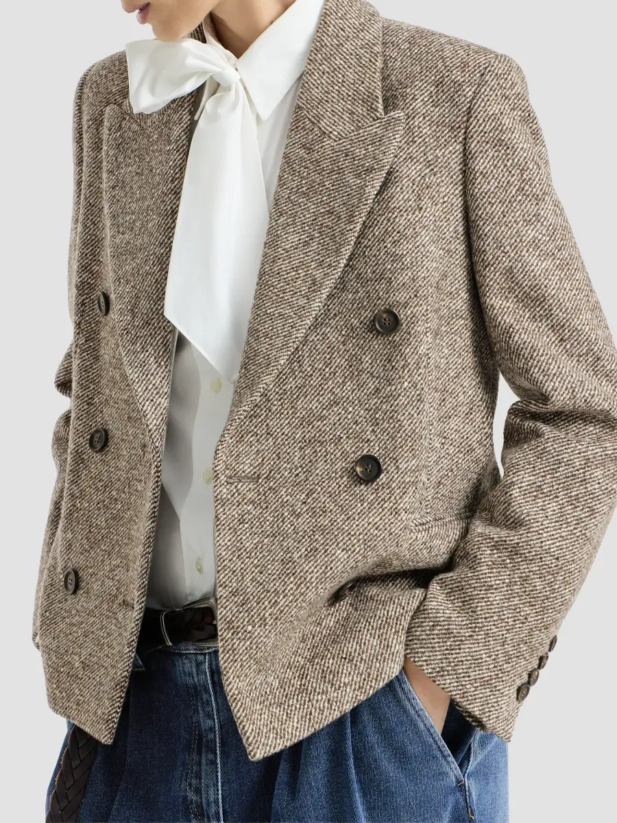 Brunello Cucinelli Women's Virgin Wool and Silk Mélange Diagonal Blazer with Monili - Brown | Thumbnail 4 Brunello Cucinelli Women's Virgin Wool and Silk Mélange Diagonal Blazer with Monili - Brown | Thumbnail 4