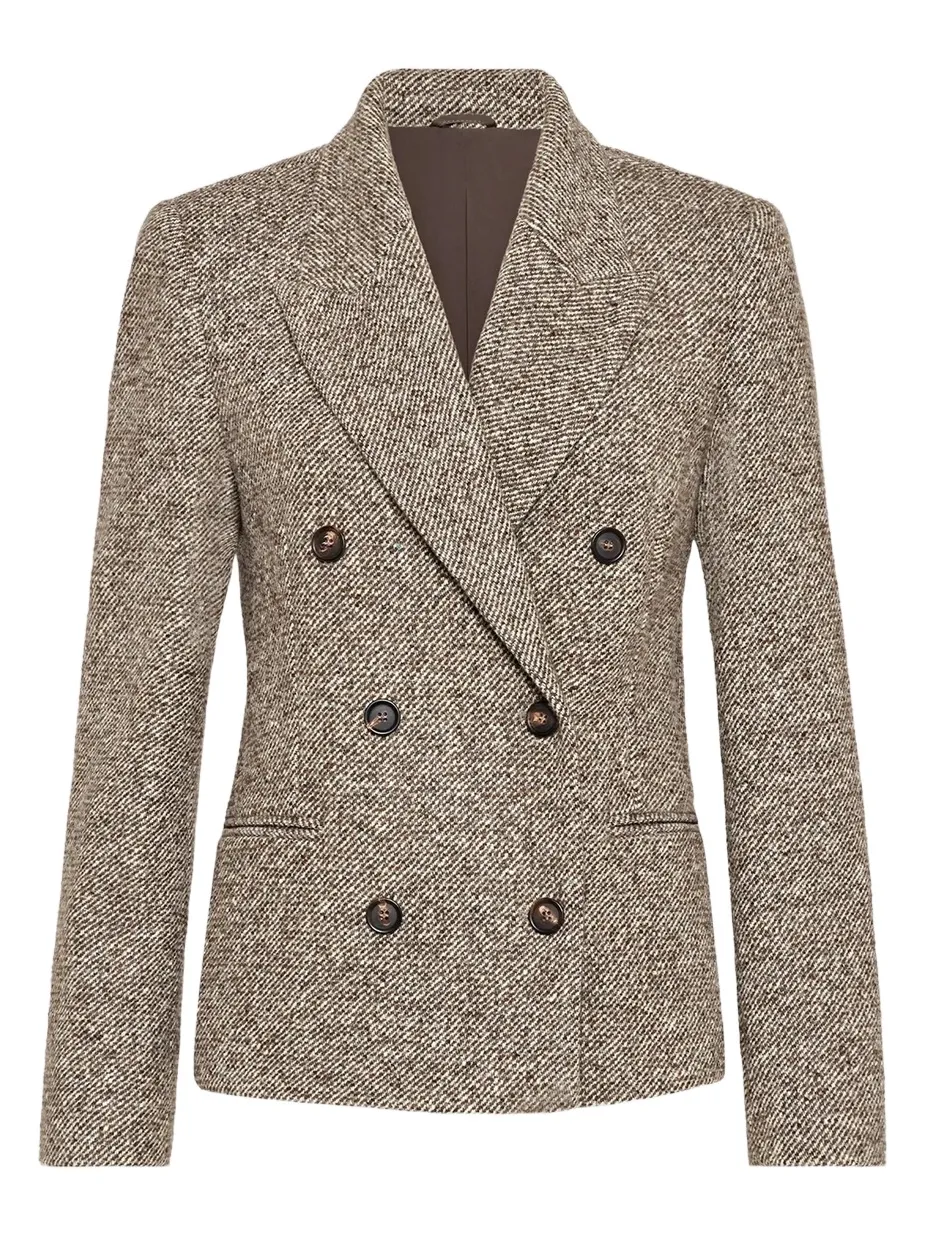 Women's Virgin Wool and Silk Mélange Diagonal Blazer with Monili - Brown