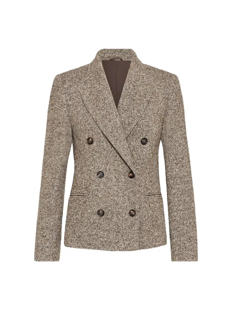 Women's Virgin Wool and Silk Mélange Diagonal Blazer with Monili - Brown