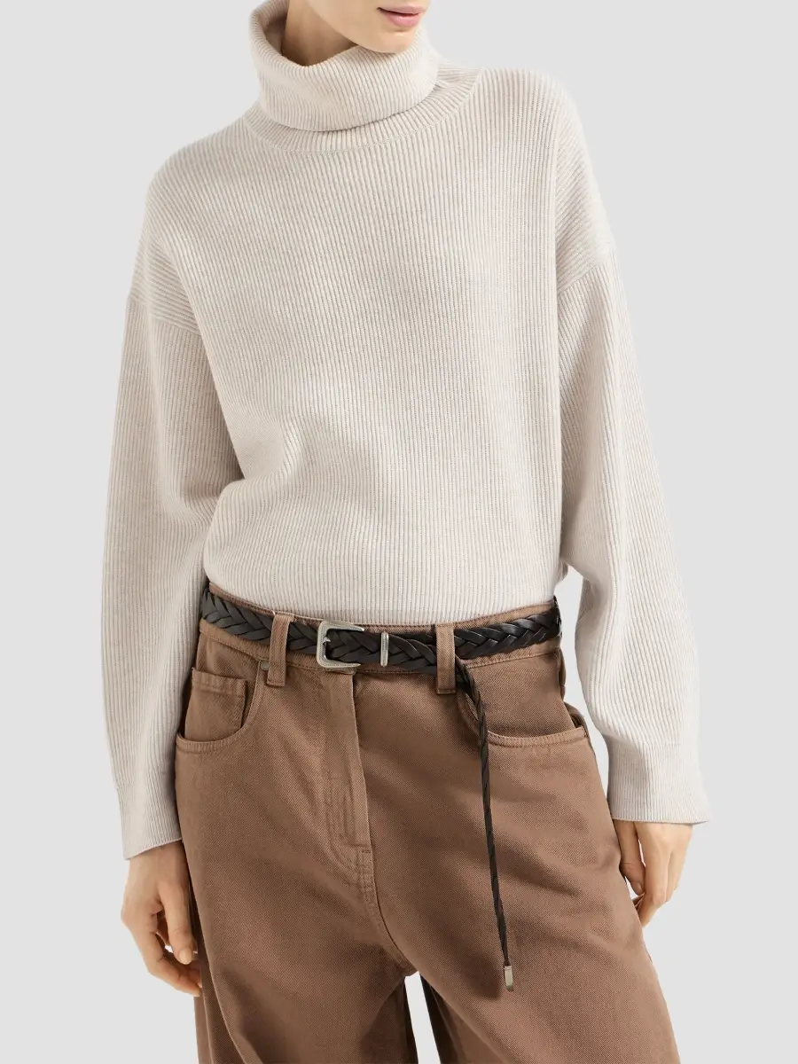 Brunello Cucinelli Women's Virgin Wool, Cashmere and Silk English Rib Turtleneck Sweater | Thumbnail 2 Brunello Cucinelli Women's Virgin Wool, Cashmere and Silk English Rib Turtleneck Sweater | Thumbnail 2