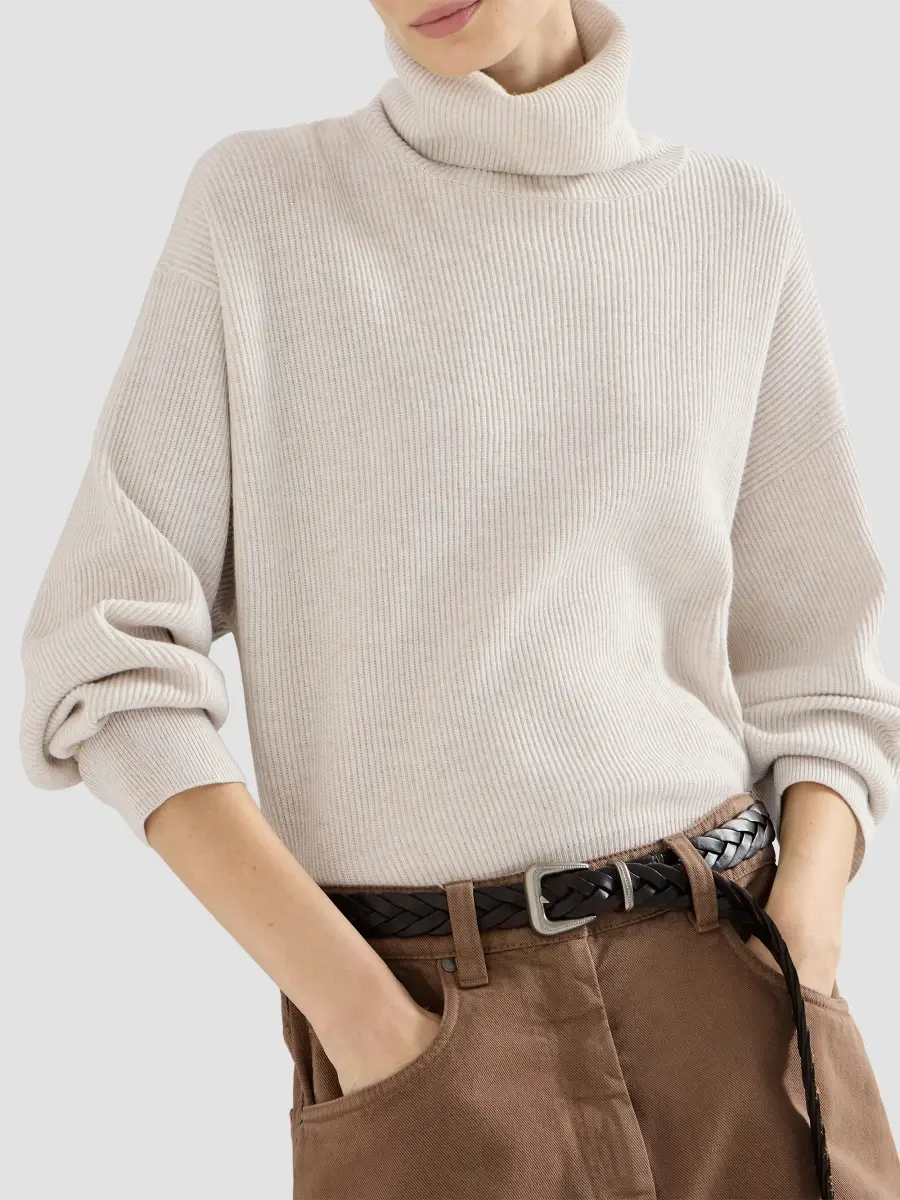 Brunello Cucinelli Women's Virgin Wool, Cashmere and Silk English Rib Turtleneck Sweater | Thumbnail 4 Brunello Cucinelli Women's Virgin Wool, Cashmere and Silk English Rib Turtleneck Sweater | Thumbnail 4