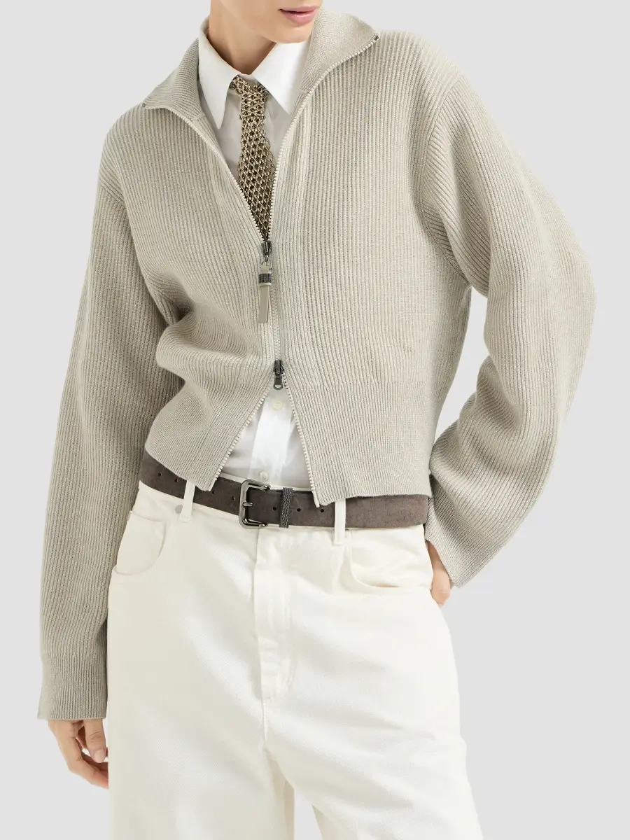 Brunello Cucinelli Women's Sparkling Cashmere English Rib Cardigan with Shiny Zipper Pull | Thumbnail 2 Brunello Cucinelli Women's Sparkling Cashmere English Rib Cardigan with Shiny Zipper Pull | Thumbnail 2