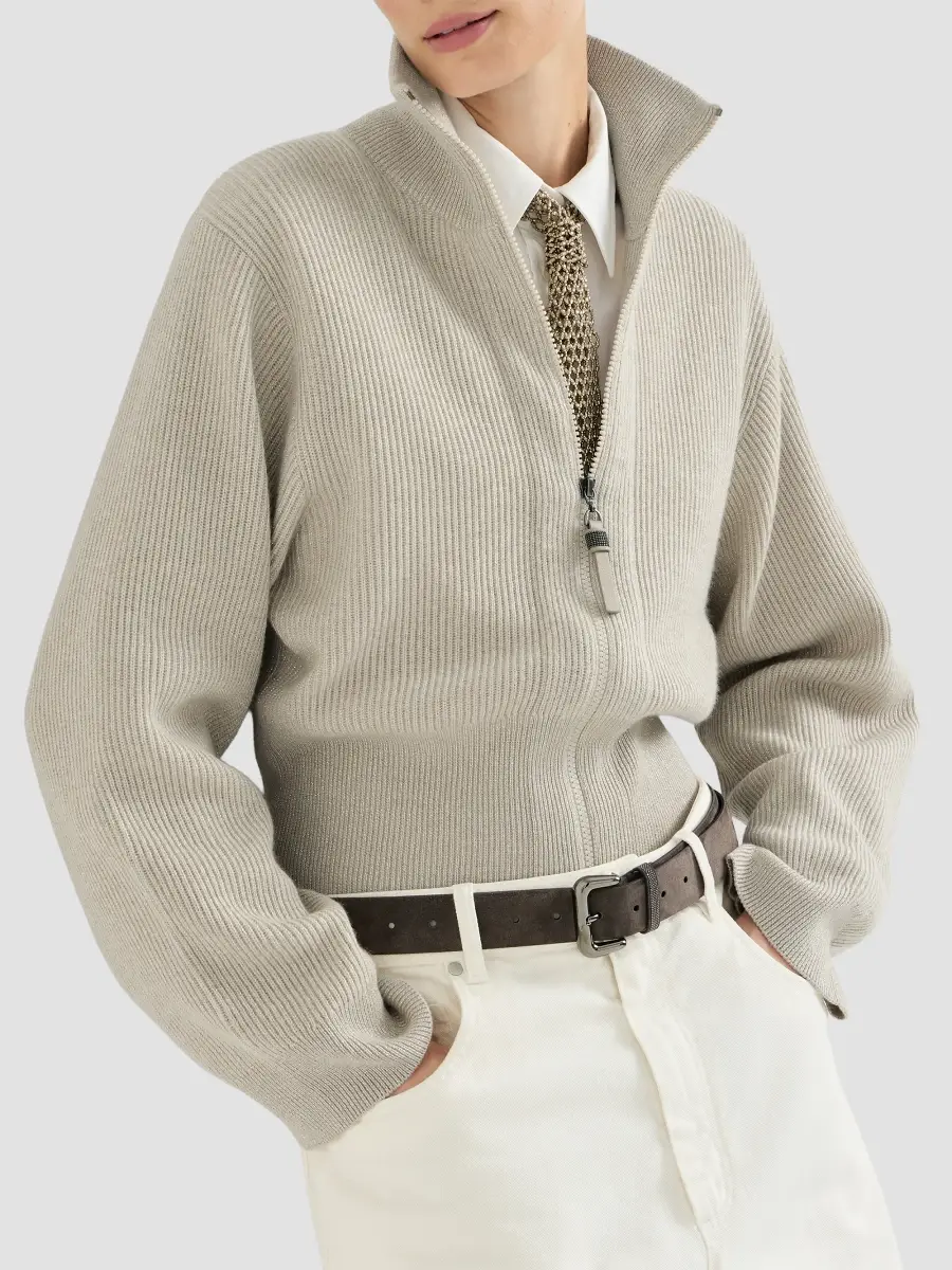Brunello Cucinelli Women's Sparkling Cashmere English Rib Cardigan with Shiny Zipper Pull | Thumbnail 4 Brunello Cucinelli Women's Sparkling Cashmere English Rib Cardigan with Shiny Zipper Pull | Thumbnail 4