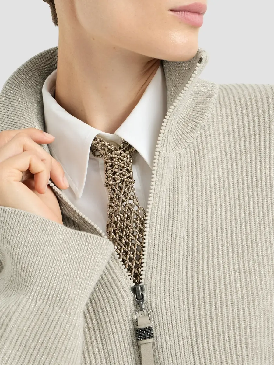 Brunello Cucinelli Women's Sparkling Cashmere English Rib Cardigan with Shiny Zipper Pull | Thumbnail 5 Brunello Cucinelli Women's Sparkling Cashmere English Rib Cardigan with Shiny Zipper Pull | Thumbnail 5