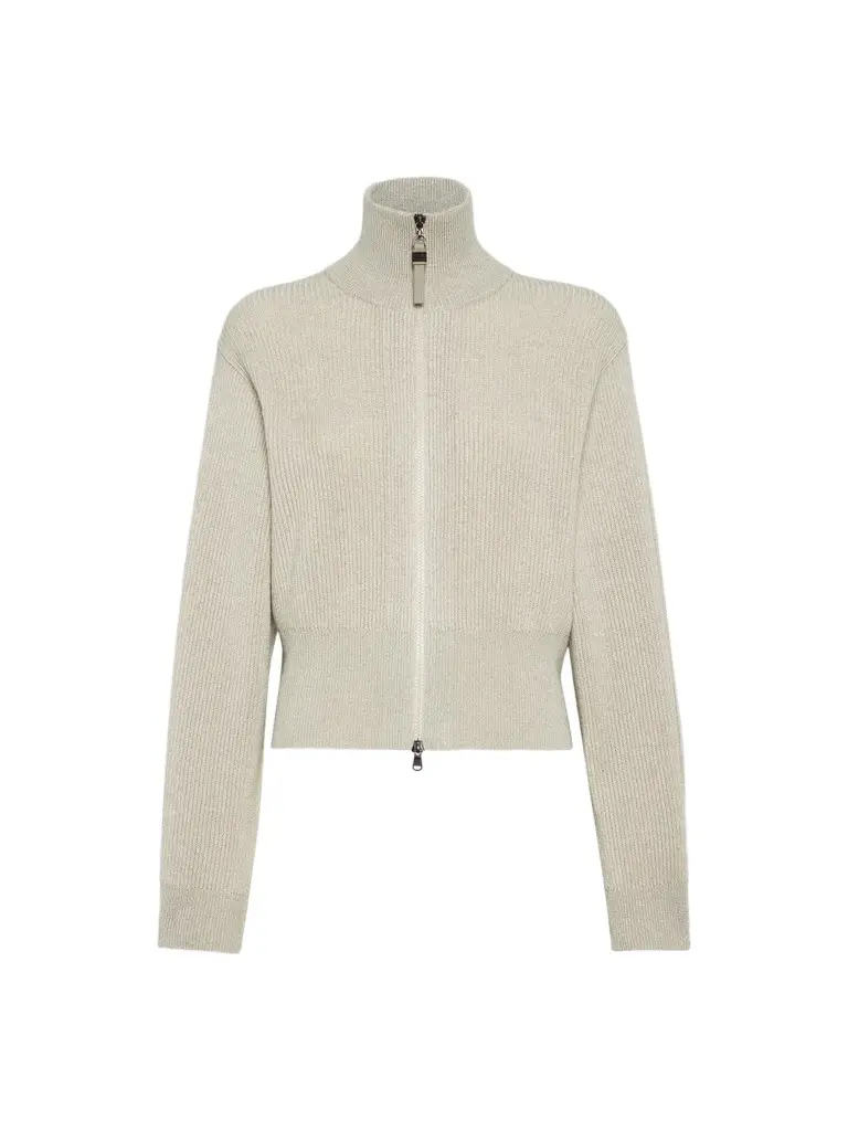 Women's Sparkling Cashmere English Rib Cardigan with Shiny Zipper Pull Women's Sparkling Cashmere English Rib Cardigan with Shiny Zipper Pull