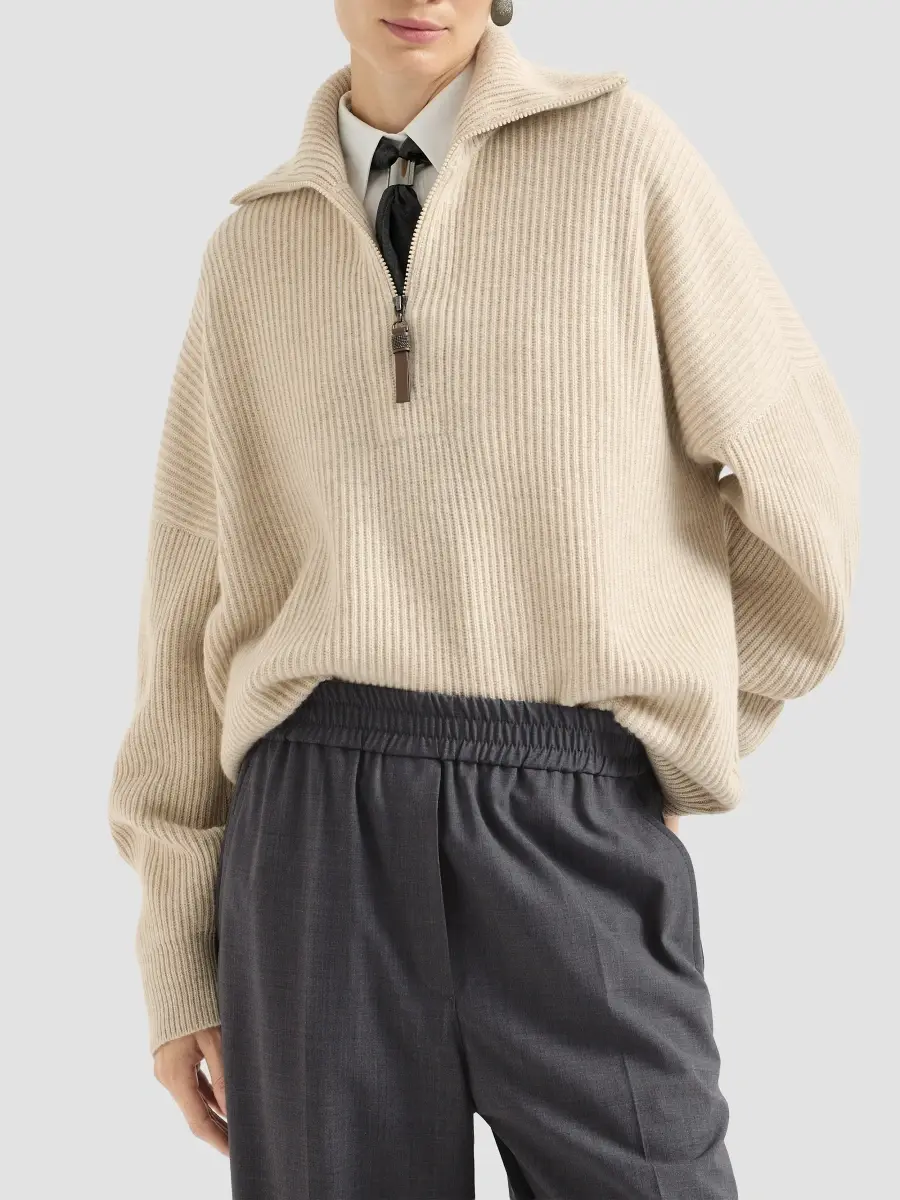 Brunello Cucinelli Women's Cashmere English Rib Sweater with Shiny Zipper Pull | Thumbnail 2 Brunello Cucinelli Women's Cashmere English Rib Sweater with Shiny Zipper Pull | Thumbnail 2