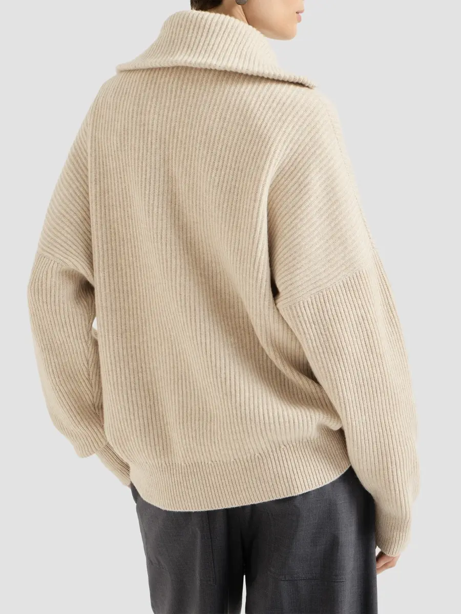 Brunello Cucinelli Women's Cashmere English Rib Sweater with Shiny Zipper Pull | Thumbnail 3 Brunello Cucinelli Women's Cashmere English Rib Sweater with Shiny Zipper Pull | Thumbnail 3