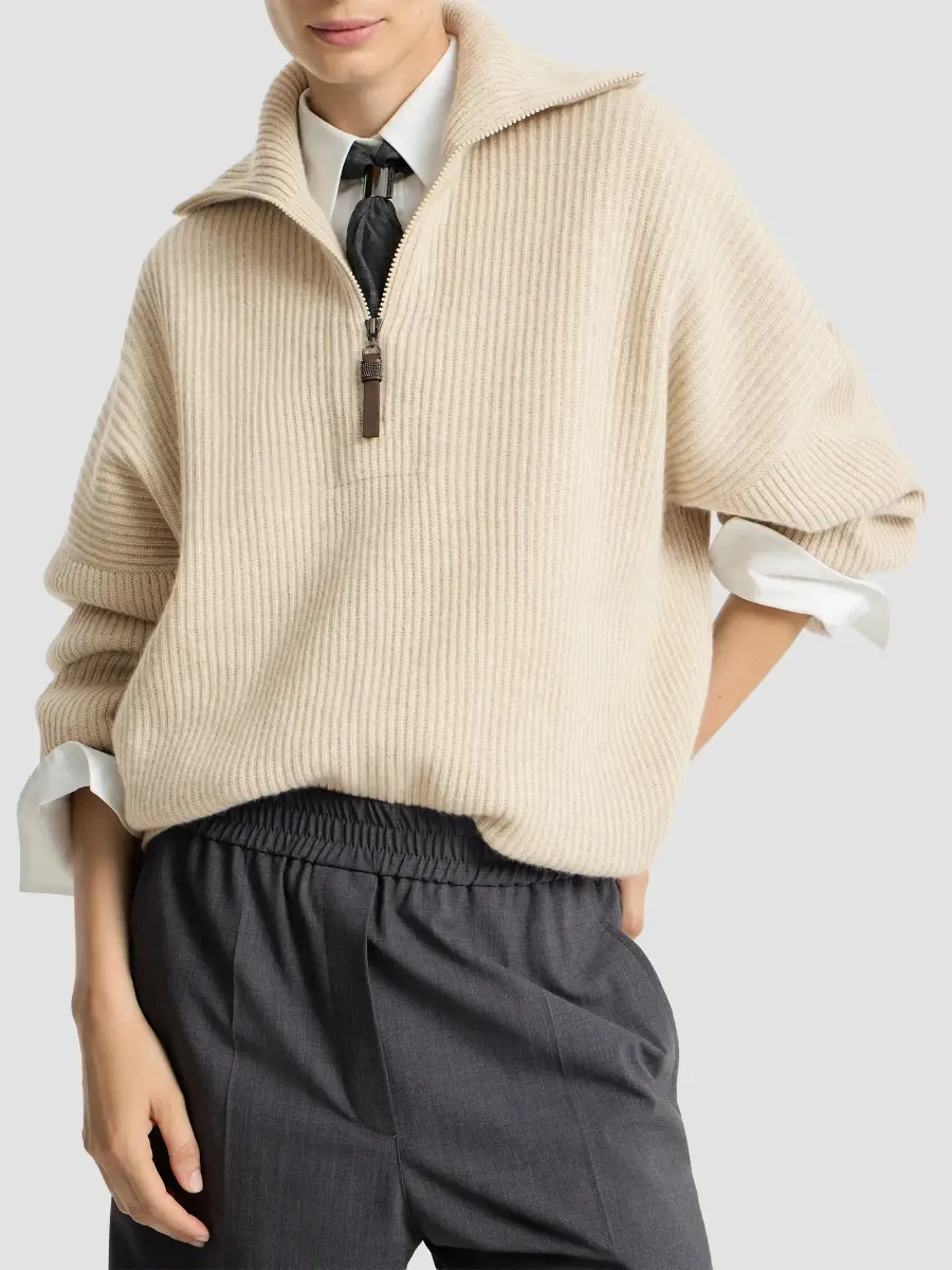 Brunello Cucinelli Women's Cashmere English Rib Sweater with Shiny Zipper Pull | Thumbnail 4 Brunello Cucinelli Women's Cashmere English Rib Sweater with Shiny Zipper Pull | Thumbnail 4