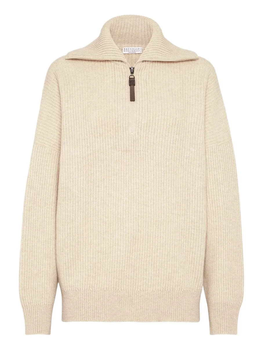 Women's Cashmere English Rib Sweater with Shiny Zipper Pull Women's Cashmere English Rib Sweater with Shiny Zipper Pull