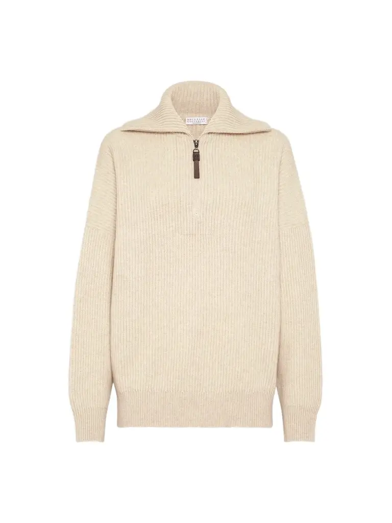 Women's Cashmere English Rib Sweater with Shiny Zipper Pull Women's Cashmere English Rib Sweater with Shiny Zipper Pull