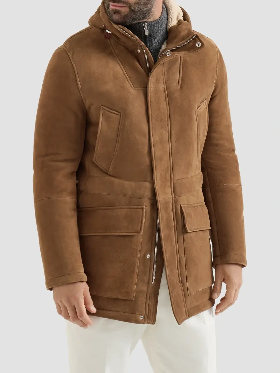 Brunello Cucinelli Men's Suede Curly Shearling Parka Jacket | Thumbnail 2 Brunello Cucinelli Men's Suede Curly Shearling Parka Jacket | Thumbnail 2