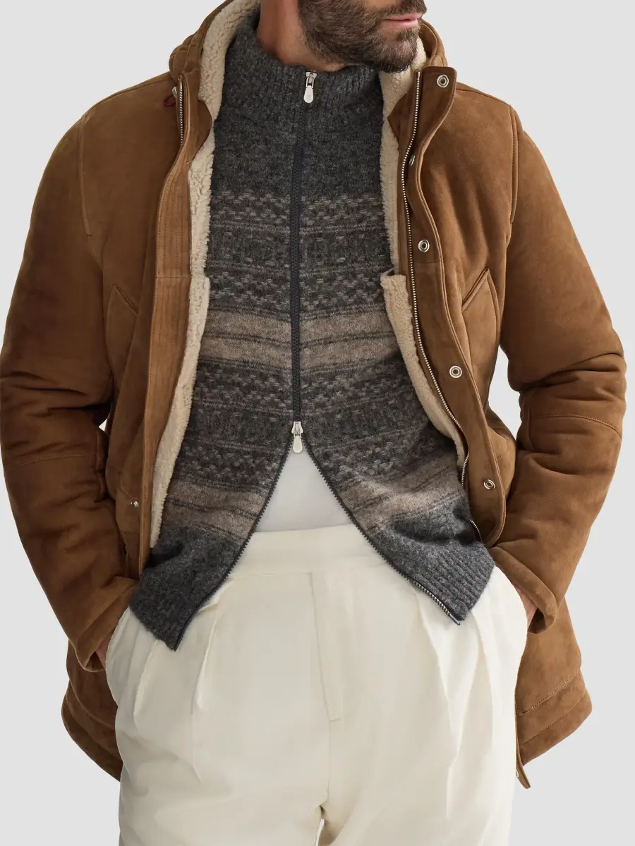 Brunello Cucinelli Men's Suede Curly Shearling Parka Jacket | Thumbnail 4 Brunello Cucinelli Men's Suede Curly Shearling Parka Jacket | Thumbnail 4