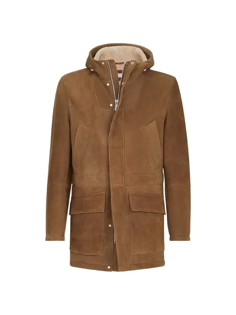 Brunello Cucinelli Men's Suede Curly Shearling Parka Jacket