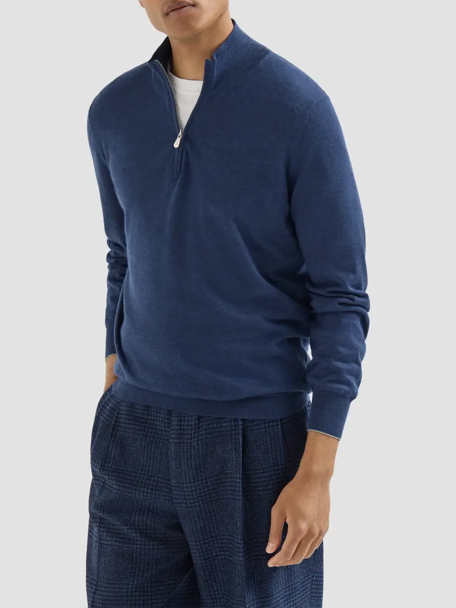 Brunello Cucinelli Men's Cashmere, Silk and Linen Lightweight Sweater with Half Zip - Blue | Thumbnail 2 Brunello Cucinelli Men's Cashmere, Silk and Linen Lightweight Sweater with Half Zip - Blue | Thumbnail 2
