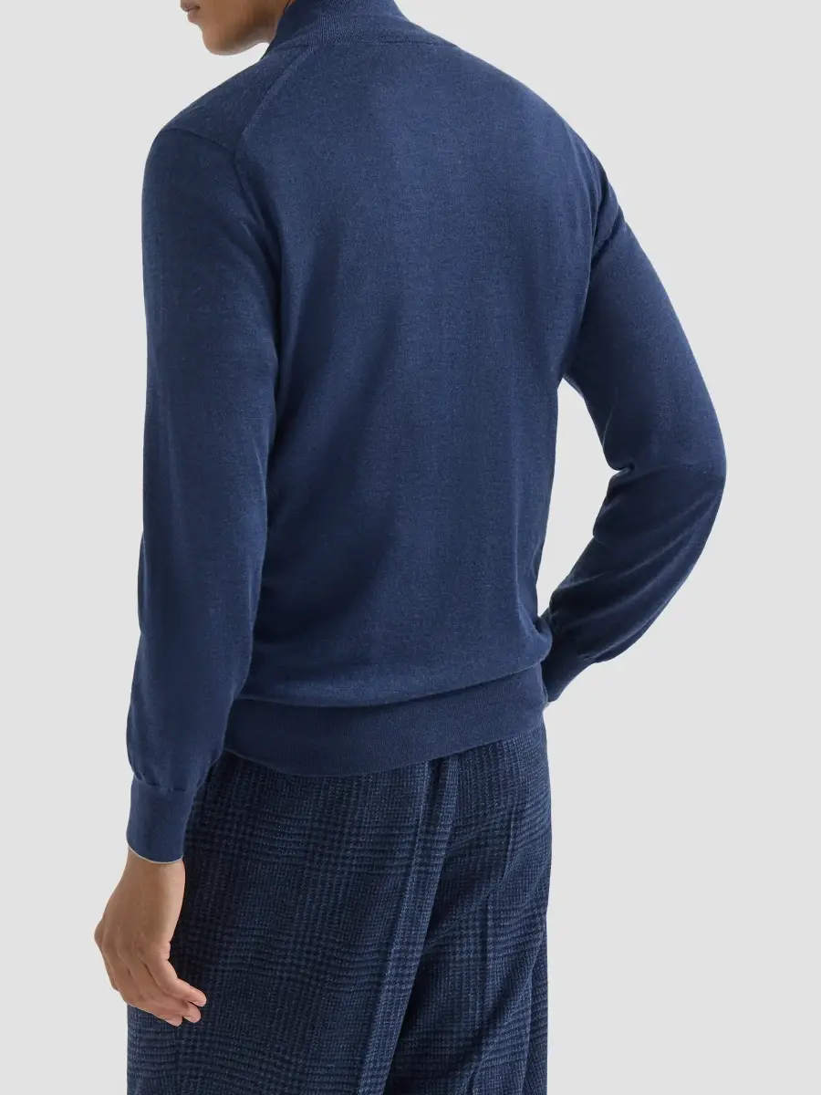Brunello Cucinelli Men's Cashmere, Silk and Linen Lightweight Sweater with Half Zip - Blue | Thumbnail 3 Brunello Cucinelli Men's Cashmere, Silk and Linen Lightweight Sweater with Half Zip - Blue | Thumbnail 3
