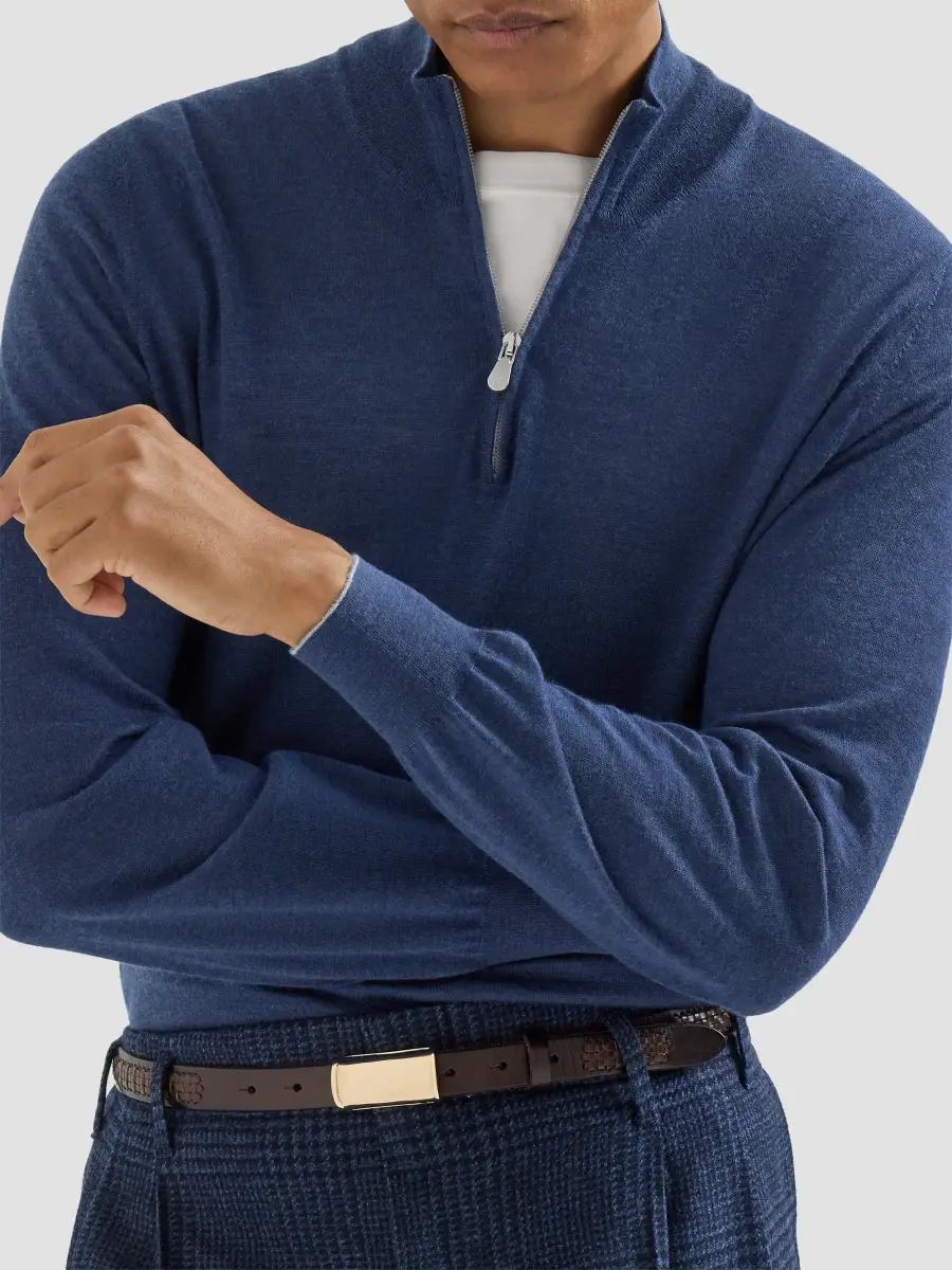 Brunello Cucinelli Men's Cashmere, Silk and Linen Lightweight Sweater with Half Zip - Blue | Thumbnail 4 Brunello Cucinelli Men's Cashmere, Silk and Linen Lightweight Sweater with Half Zip - Blue | Thumbnail 4