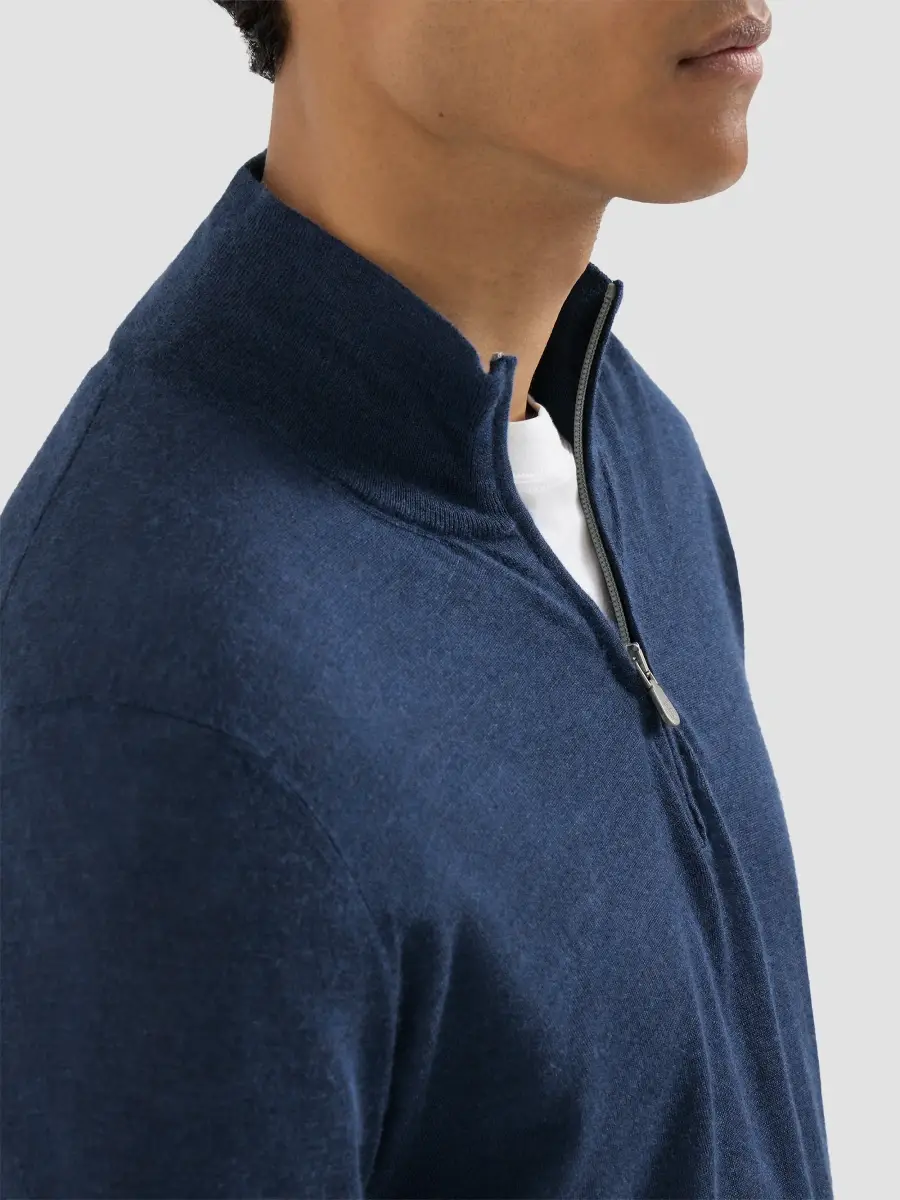 Brunello Cucinelli Men's Cashmere, Silk and Linen Lightweight Sweater with Half Zip - Blue | Thumbnail 5 Brunello Cucinelli Men's Cashmere, Silk and Linen Lightweight Sweater with Half Zip - Blue | Thumbnail 5