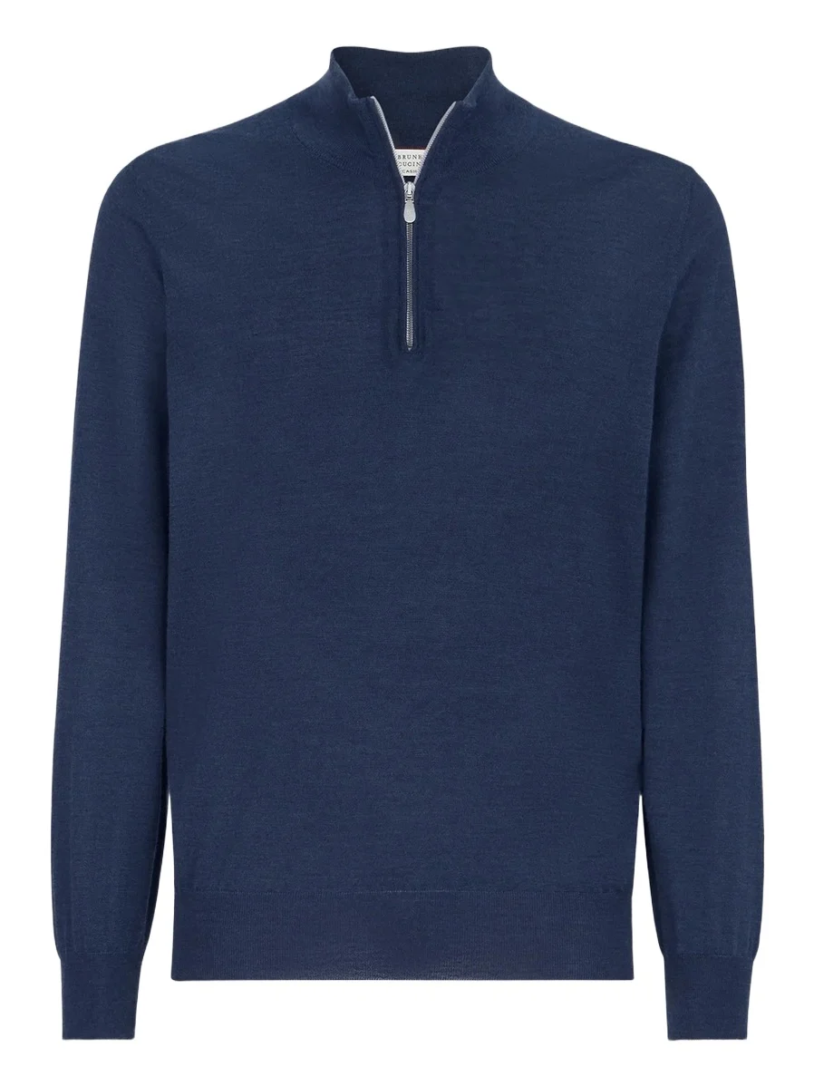 Brunello Cucinelli Men's Cashmere, Silk and Linen Lightweight Sweater with Half Zip - Blue