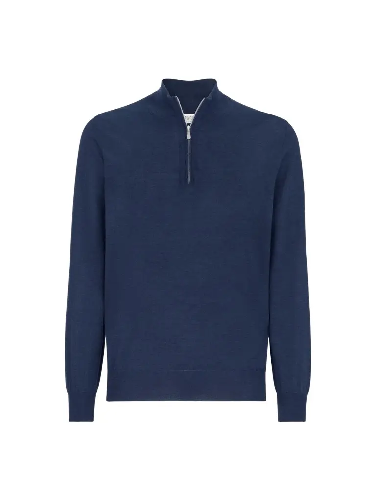 Brunello Cucinelli Men's Cashmere, Silk and Linen Lightweight Sweater with Half Zip - Blue