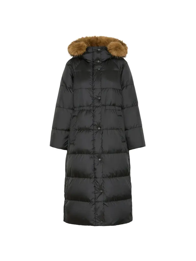 Women's Long Reversible Down Coat in Water Repellent Plain Weave Fabric