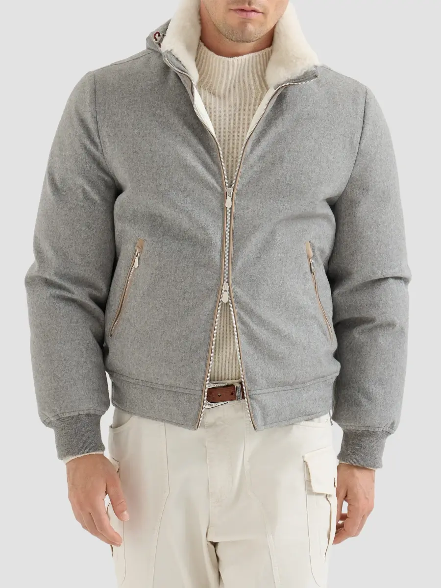Brunello Cucinelli Men's Bonded Wool Flannel Down Jacket with Detachable Hood - Light Grey | Thumbnail 2 Brunello Cucinelli Men's Bonded Wool Flannel Down Jacket with Detachable Hood - Light Grey | Thumbnail 2
