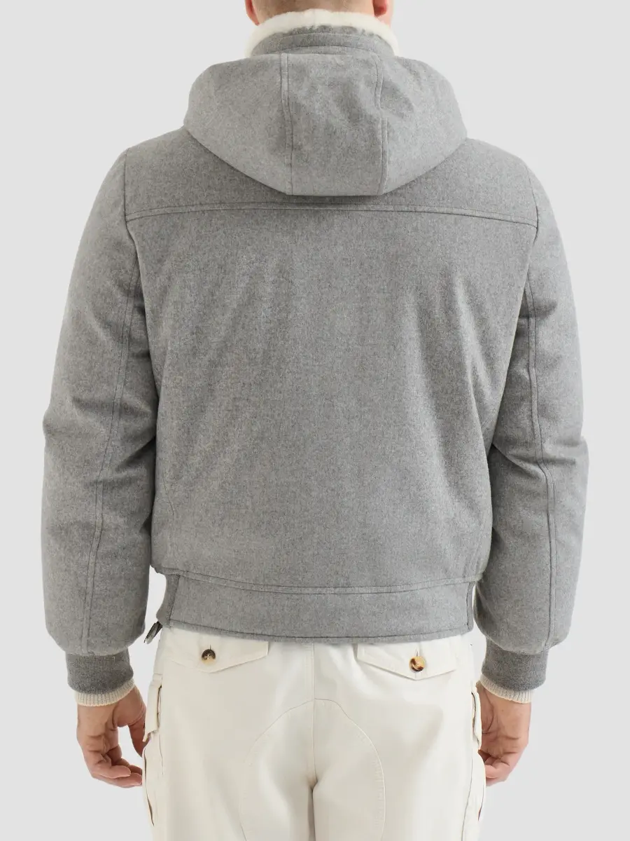 Brunello Cucinelli Men's Bonded Wool Flannel Down Jacket with Detachable Hood - Light Grey | Thumbnail 3 Brunello Cucinelli Men's Bonded Wool Flannel Down Jacket with Detachable Hood - Light Grey | Thumbnail 3
