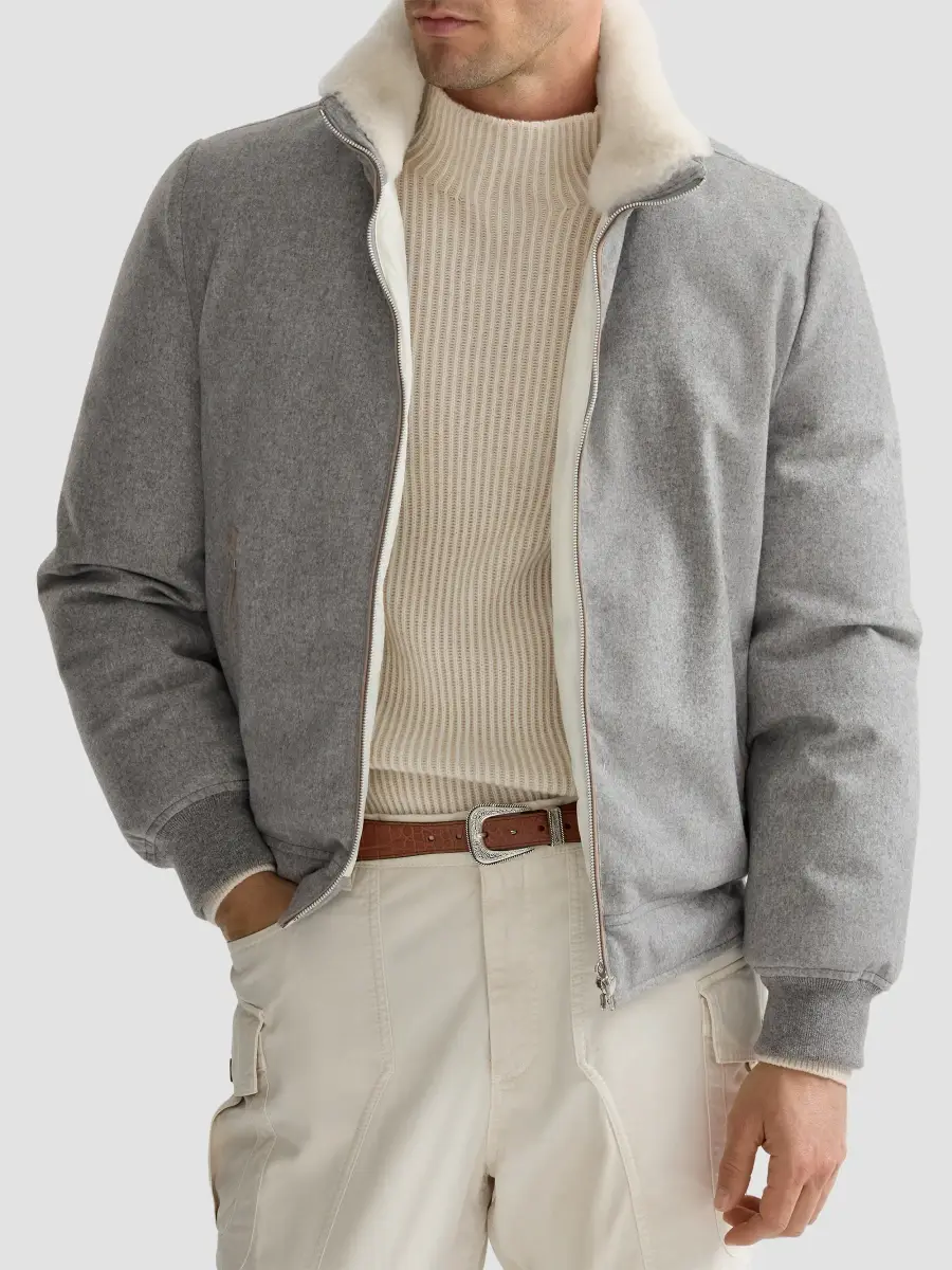Brunello Cucinelli Men's Bonded Wool Flannel Down Jacket with Detachable Hood - Light Grey | Thumbnail 4 Brunello Cucinelli Men's Bonded Wool Flannel Down Jacket with Detachable Hood - Light Grey | Thumbnail 4