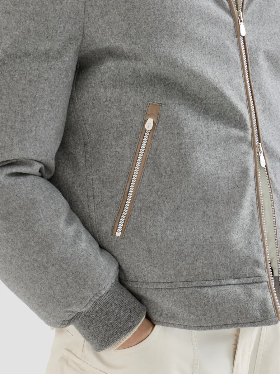 Brunello Cucinelli Men's Bonded Wool Flannel Down Jacket with Detachable Hood - Light Grey | Thumbnail 5 Brunello Cucinelli Men's Bonded Wool Flannel Down Jacket with Detachable Hood - Light Grey | Thumbnail 5