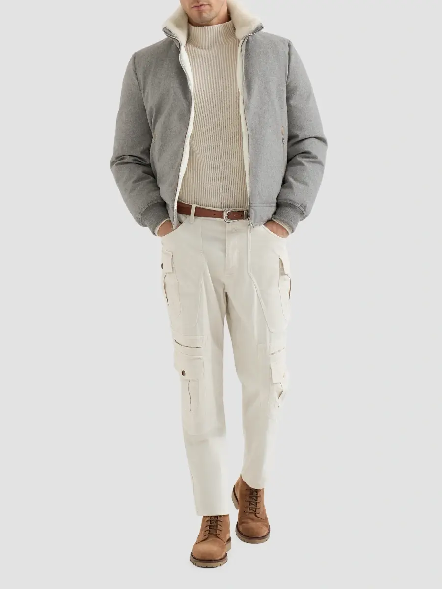Brunello Cucinelli Men's Bonded Wool Flannel Down Jacket with Detachable Hood - Light Grey | Thumbnail 6 Brunello Cucinelli Men's Bonded Wool Flannel Down Jacket with Detachable Hood - Light Grey | Thumbnail 6